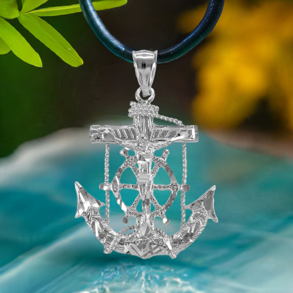 925 Sterling Silver Mariner Crucifix Anchor Mens Cross Pendant (Medium)