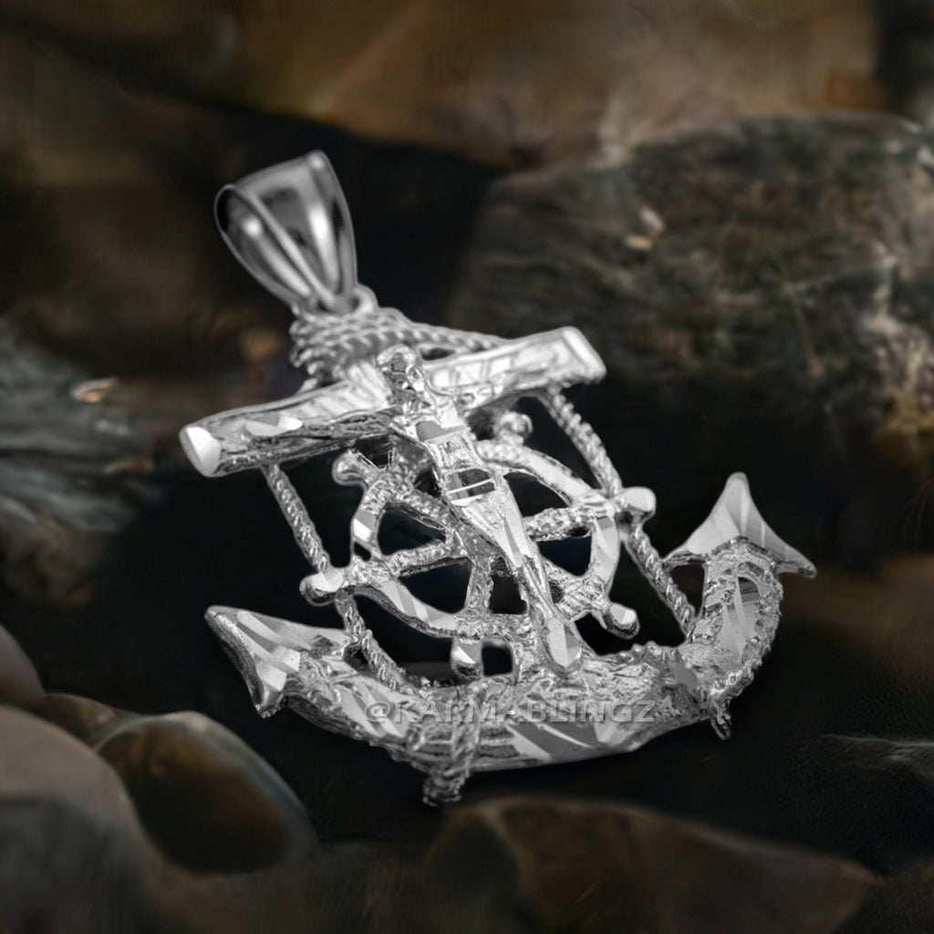 925 Sterling Silver Mariner Crucifix Anchor Mens Cross Pendant (Medium)