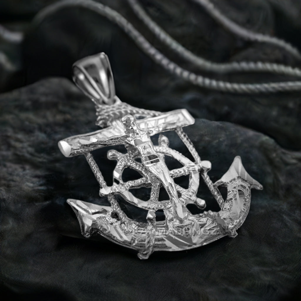 925 Sterling Silver Mariner Crucifix Anchor Mens Cross Pendant (Medium)