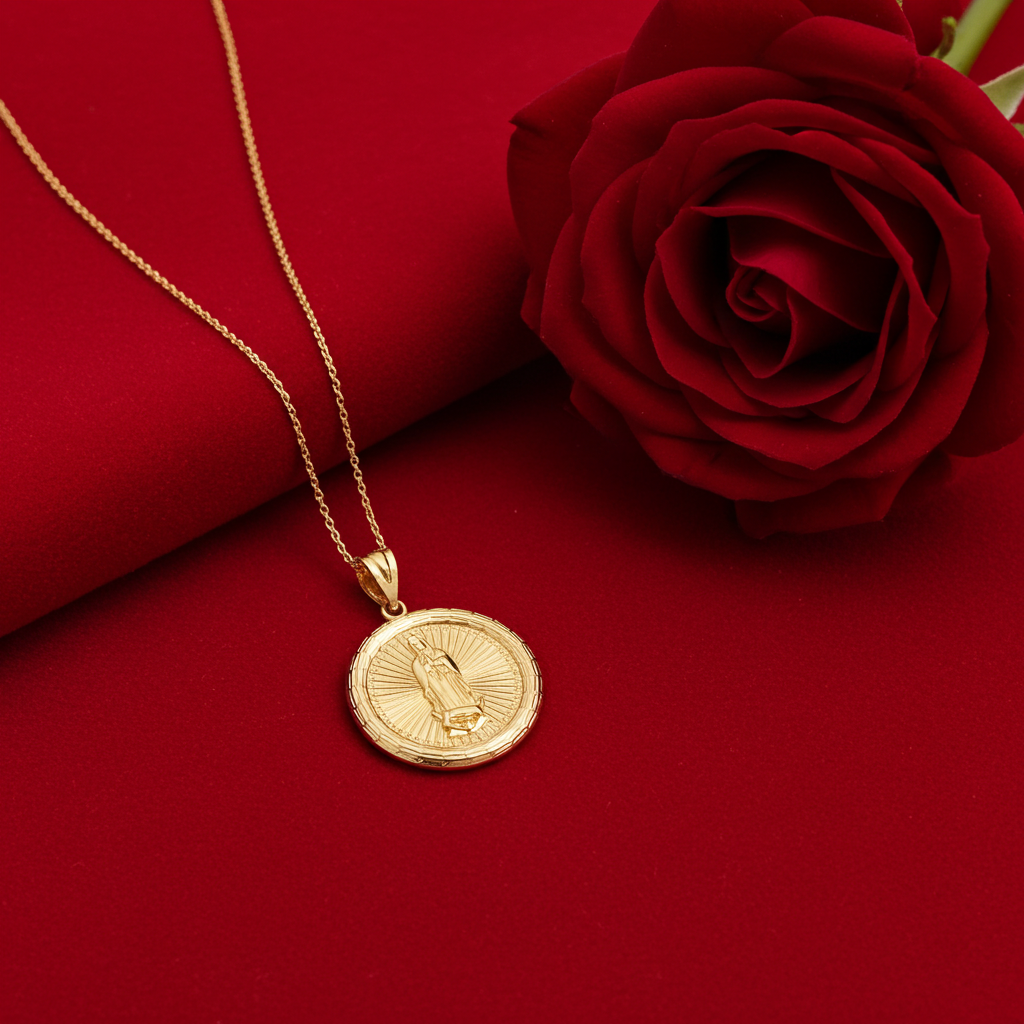 Gold Virgin Mary Guadalupe Medallion Pendant Necklace in 10K or 14K, Yellow, White, Rose, 2-Tone