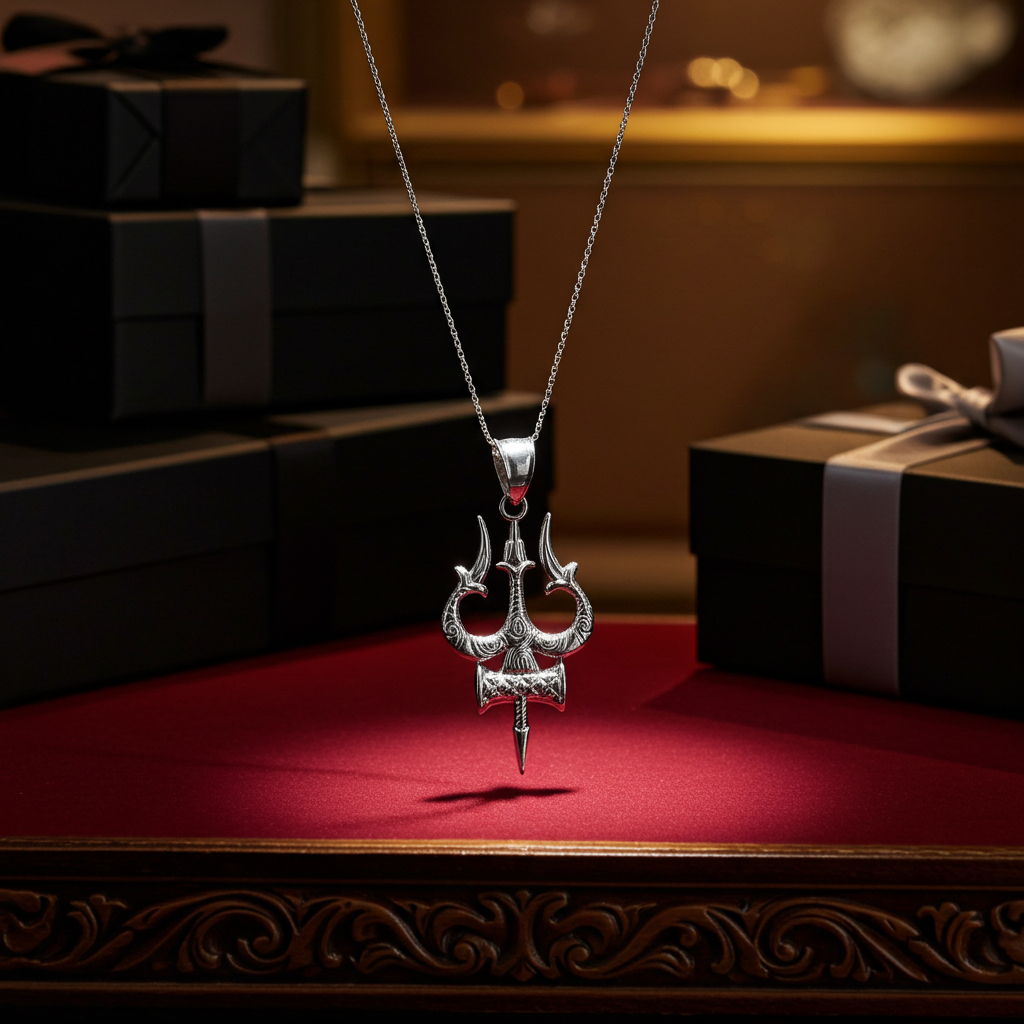 Sterling Silver Trident of Lord Shiva Trishula Pendant Necklace