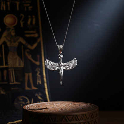 Egyptian Isis Standing Winged Goddess Gold Pendant Necklace