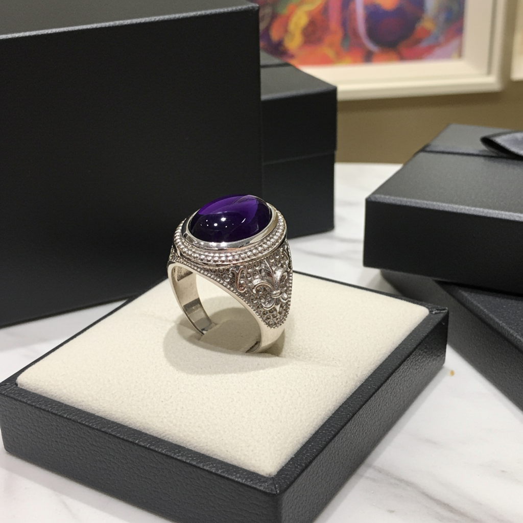 A silver-toned ring with a large oval purple gemstone and decorative pavé detailing, displayed on a cream-lined black jewelry box.