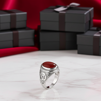 Sterling Silver Om (Aum) Red Onyx Gemstone Statement Ring Karma Blingz