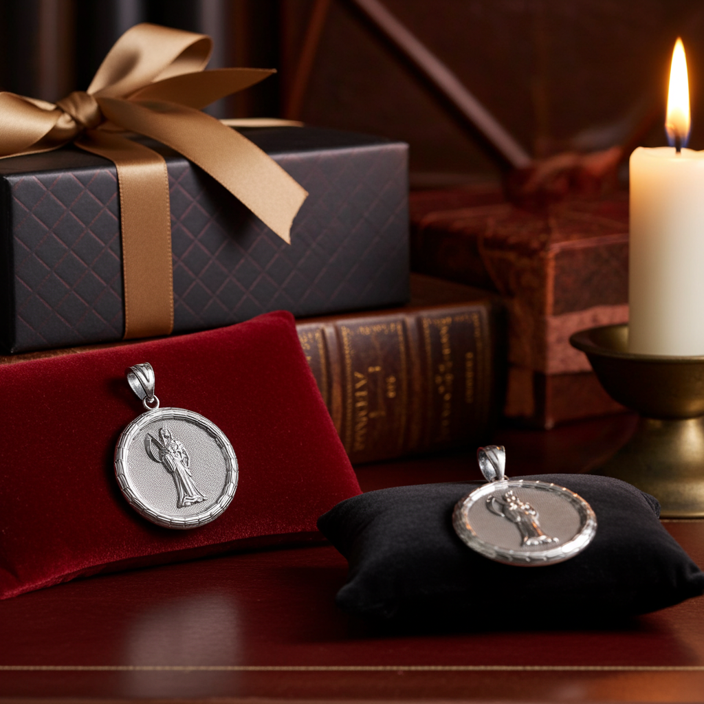 Gold Santa Muerte Medallion Pendant Necklace in 10K or 14K, Yellow, White, Rose, 2-Tone