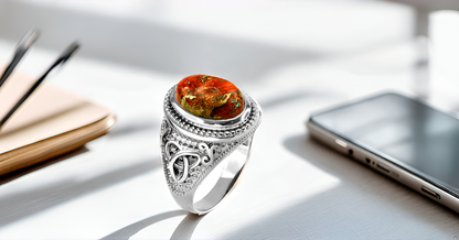 Sterling Silver Celtic Triquetra Orange Copper Turquoise Ring