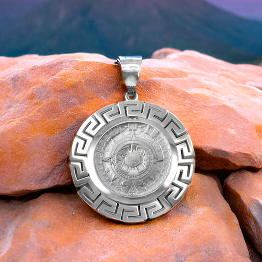 Sterling Silver Aztec Bezel Mayan Sun Calendar Pendant