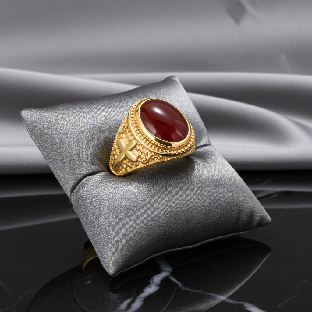 Solid Gold Christian Cross Red Onyx Ring Oval Cabochon Gemstone Unisex Statement Ring