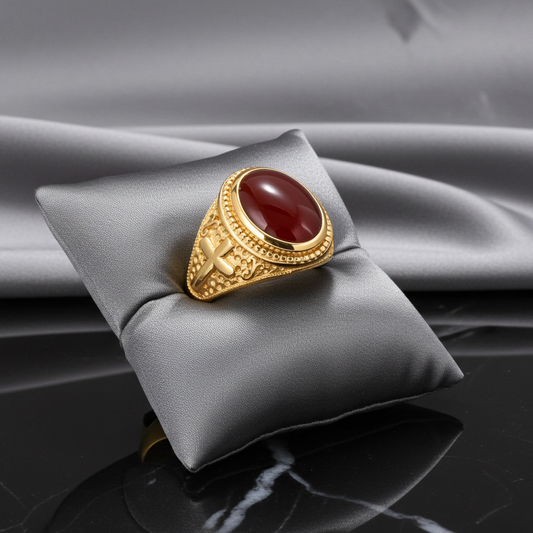 Solid Gold Christian Cross Red Onyx Ring Oval Cabochon Gemstone Unisex Statement Ring