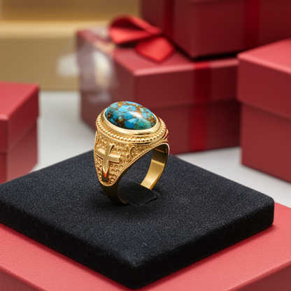 Solid Gold Christian Cross Blue Copper Turquoise Ring Oval Cabochon Gemstone