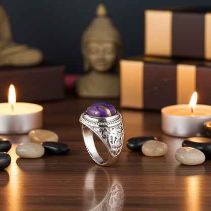 Sterling Silver Om (aum) Purple Copper Turquoise Gemstone Ring Karma Blingz