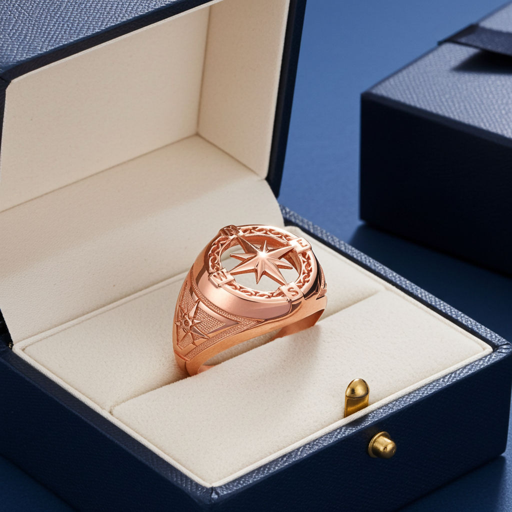 Men's Gold Compass Rose North Star Open Signet Statement Ring (yellow, white, rose, 10k / 14k)