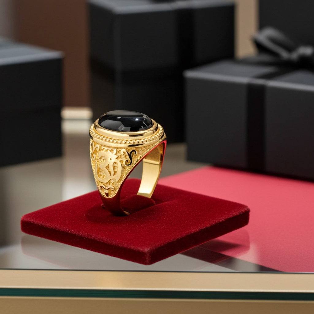 Gold Om Oval Cabochon Black Onyx Gemstone Mens Yoga Ring