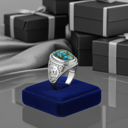 Sterling Silver Om (Aum) Mantra Ring with Blue Copper Turquoise Karma Blingz