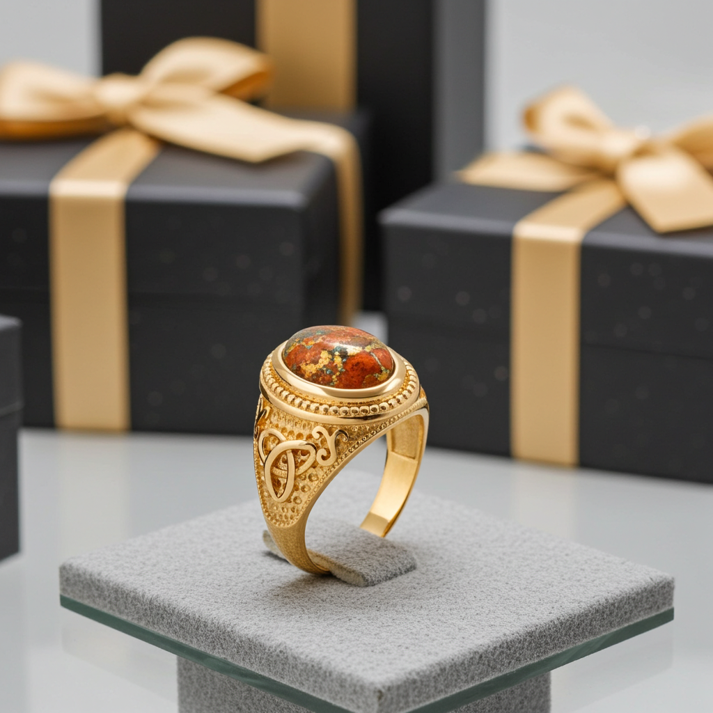 Gold Celtic Knot Orange Copper Turquoise Ring