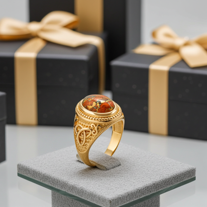 Gold Celtic Knot Orange Copper Turquoise Ring