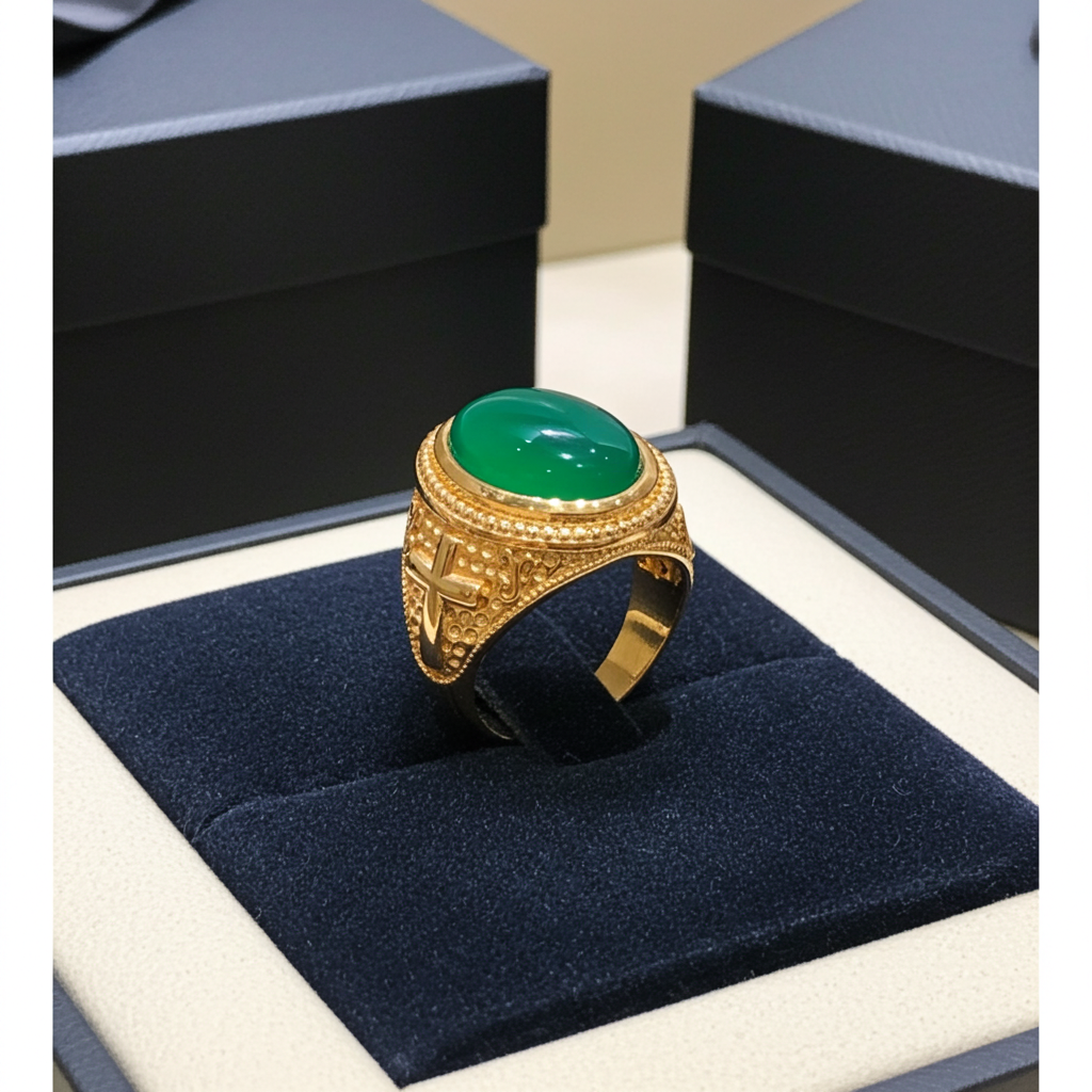Solid Gold Christian Cross Green Onyx Ring Oval Cabochon Gemstone Unisex Statement Ring