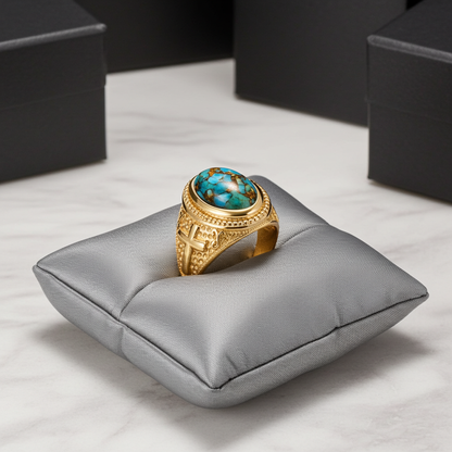 Solid Gold Christian Cross Blue Copper Turquoise Ring Oval Cabochon Gemstone