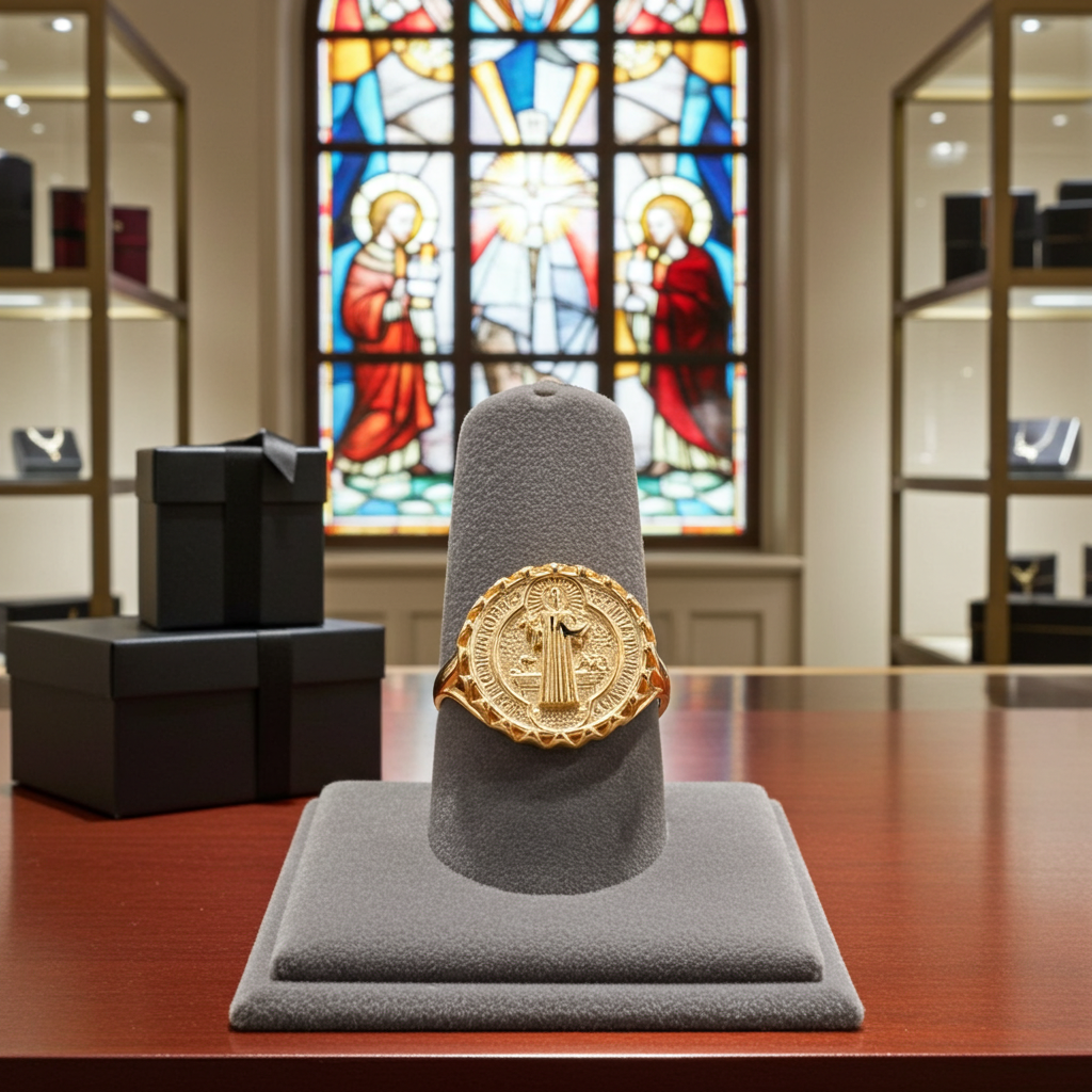 Solid Gold St. Benedict Coin Medallion Ring for Women