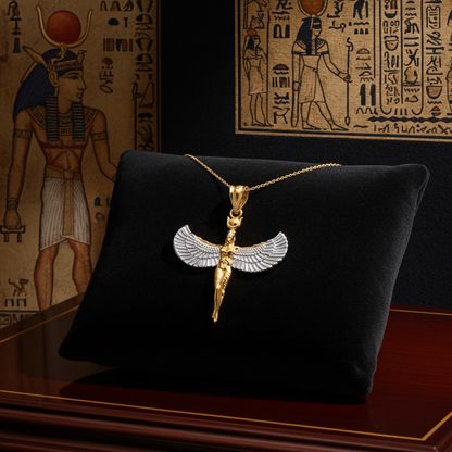 Egyptian Isis Standing Winged Goddess Gold Pendant Necklace