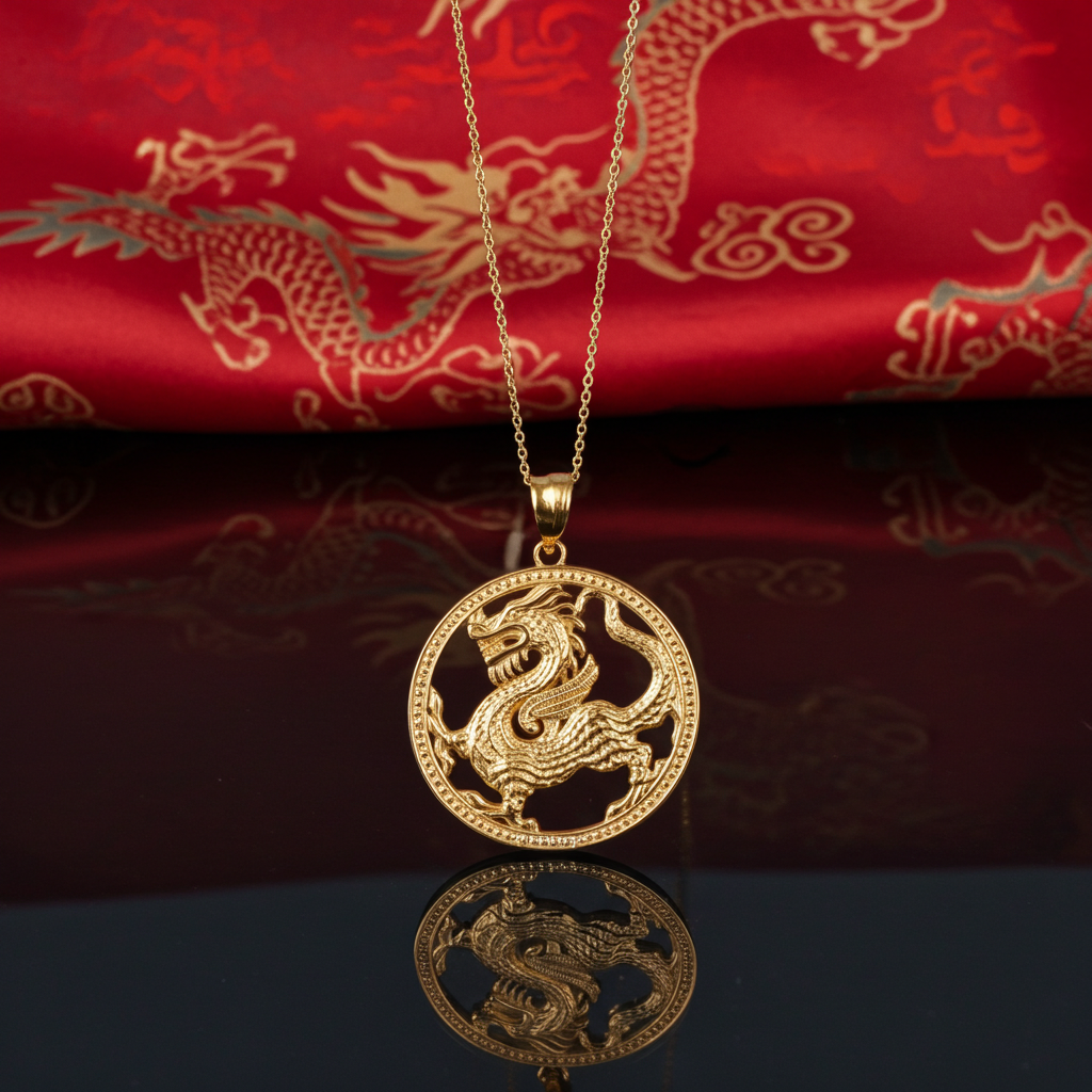 Gold Chinese Dragon Open Round Medallion Pendant Necklace (yellow, white, rose gold, 10k, 14k)