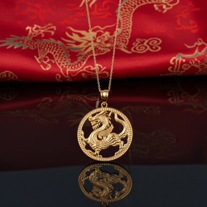 Gold Chinese Dragon Open Round Medallion Pendant Necklace (yellow, white, rose gold, 10k, 14k)