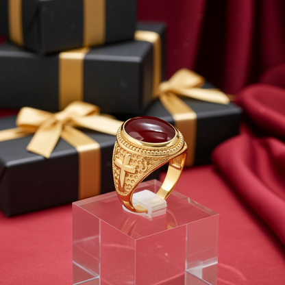 Solid Gold Christian Cross Red Onyx Ring Oval Cabochon Gemstone Unisex Statement Ring