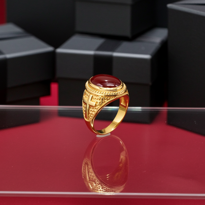 Solid Gold Christian Cross Red Onyx Ring Oval Cabochon Gemstone Unisex Statement Ring