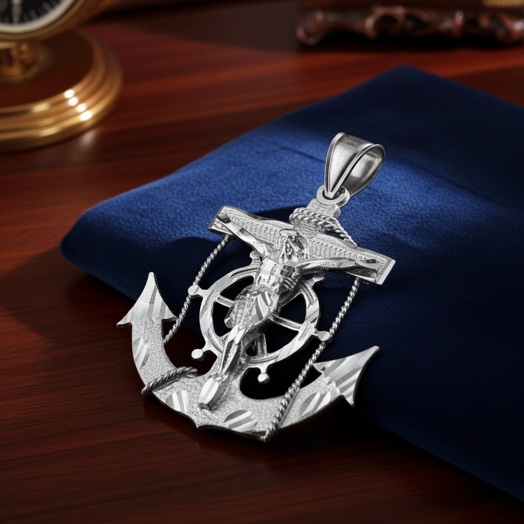 Solid Gold Mariner Anchor Mens Large Crucifix Cross Pendant (yellow, white, rose gold, 10k, 14k)