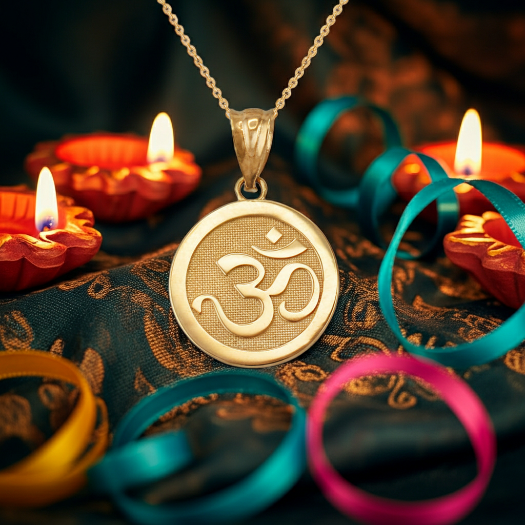 Gold Om Yoga Medallion Charm Necklace (yellow, white, rose gold, 10K, 14K)