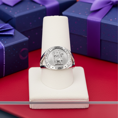 Sterling Silver Saint Christopher Round Medallion Ring