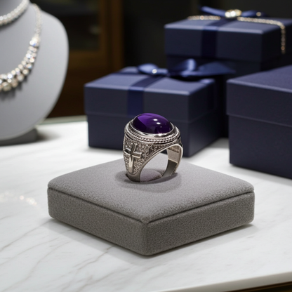 Sterling Silver Christian Cross Amethyst February Birthstone Ring