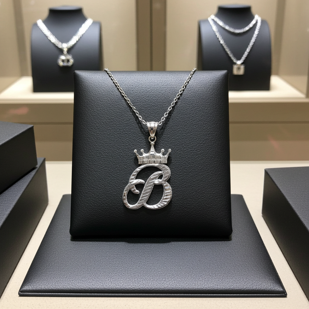 Sterling Silver Cursive Letter Initial Diamond-Cut Crown Pendant Necklace Karma Blingz