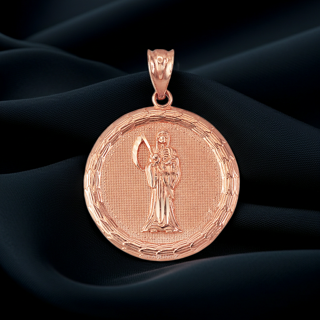 Gold Santa Muerte Medallion Pendant Necklace in 10K or 14K, Yellow, White, Rose, 2-Tone