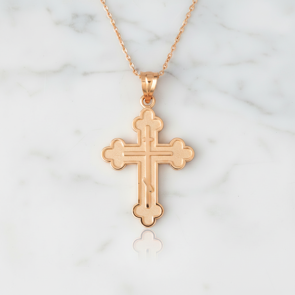 Gold Russian Eastern Orthodox Cross Pendant Necklace (Yellow, White, Rose Gold, 10K, 14K)