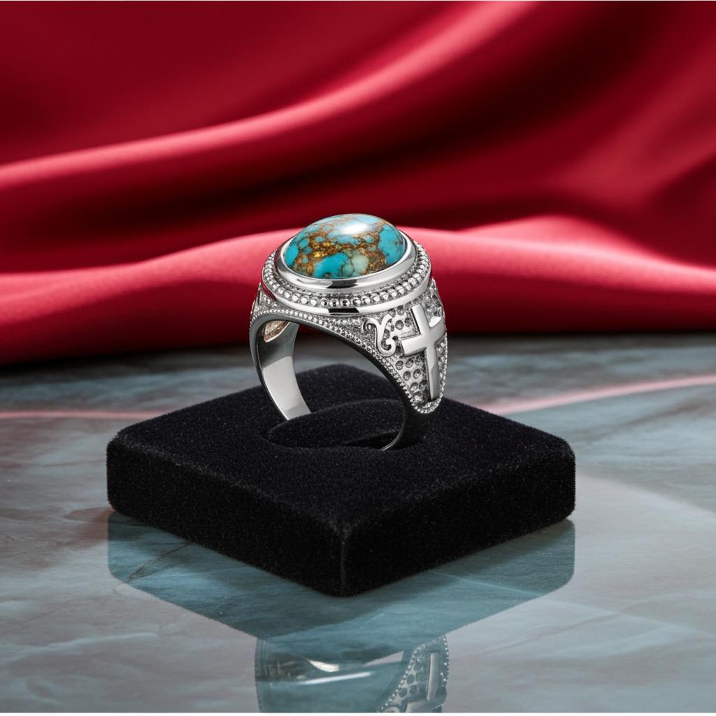 Sterling Silver Christian Cross Blue Copper Turquoise Ring