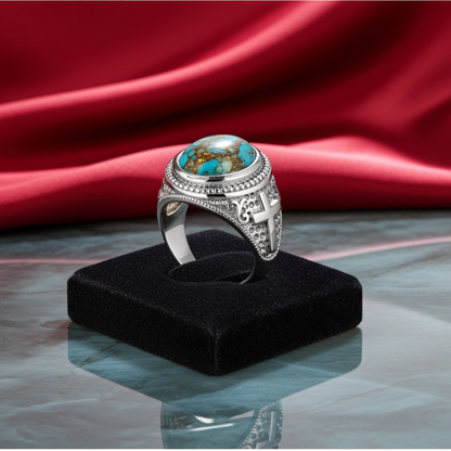Sterling Silver Christian Cross Blue Copper Turquoise Ring
