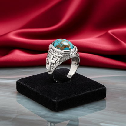 Sterling Silver Christian Cross Blue Copper Turquoise Ring