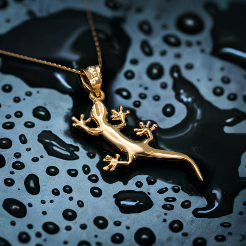 Polished Gold Salamander Lizard Charm Necklace (yellow, white, rose gold, 10k, 14k)