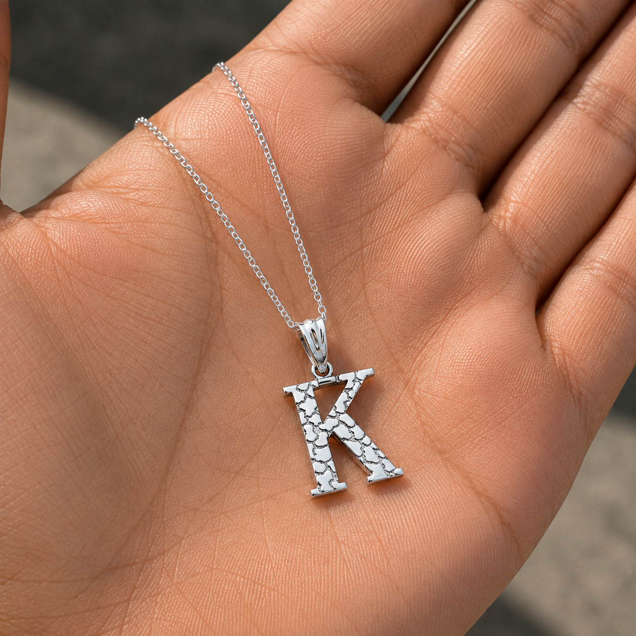 Sterling Silver Nugget Alphabet Initial Pendant Necklace English Letters