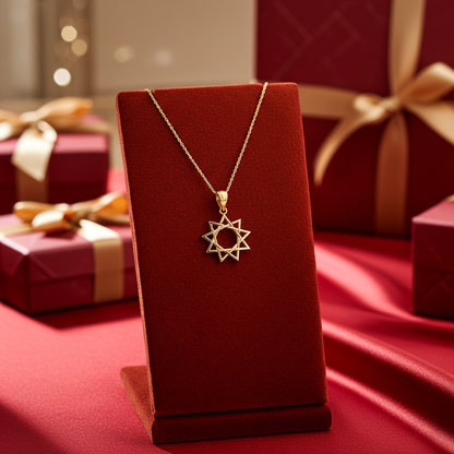 Baha'i Nine Point Star Gold Charm Pendant Necklace, 10K/14K, Yellow, White, Rose