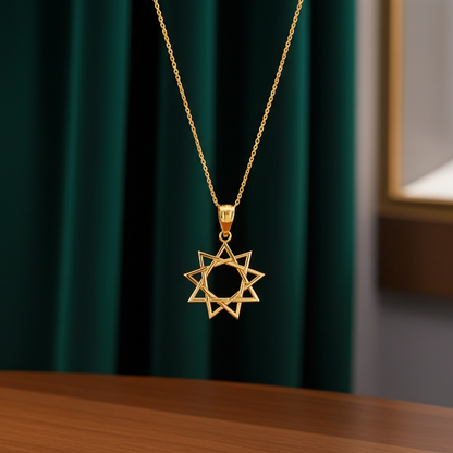 Baha'i Nine Point Star Gold Charm Pendant Necklace, 10K/14K, Yellow, White, Rose