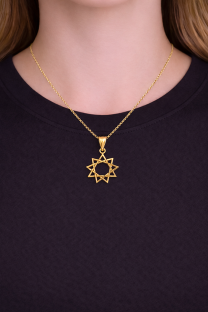 Baha'i Nine Point Star Gold Charm Pendant Necklace, 10K/14K, Yellow, White, Rose