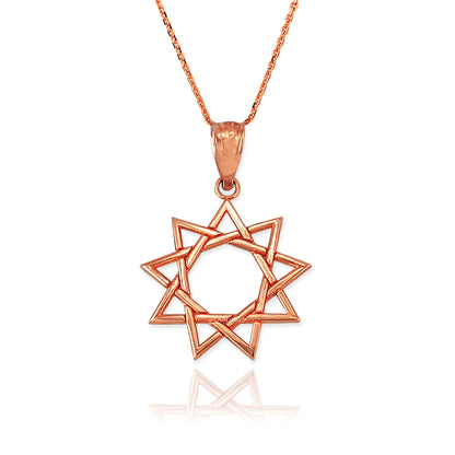 Baha'i Nine Point Star Gold Charm Pendant Necklace, 10K/14K, Yellow, White, Rose