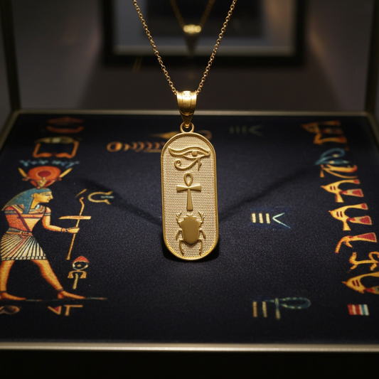 Gold Egyptian Symbols Eye of Horus, Ankh and Scarab Beetle Amulet Pendant Necklace