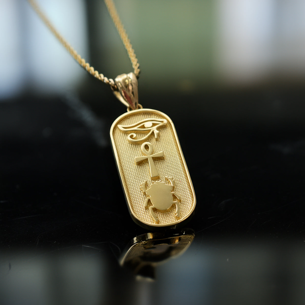 Gold Egyptian Symbols Eye of Horus, Ankh and Scarab Beetle Amulet Pendant Necklace