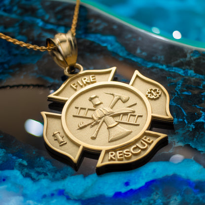 Gold Firefighter Fire Rescue Maltese Cross Pendant Necklace (14K, 10K, yellow, white, rose gold)