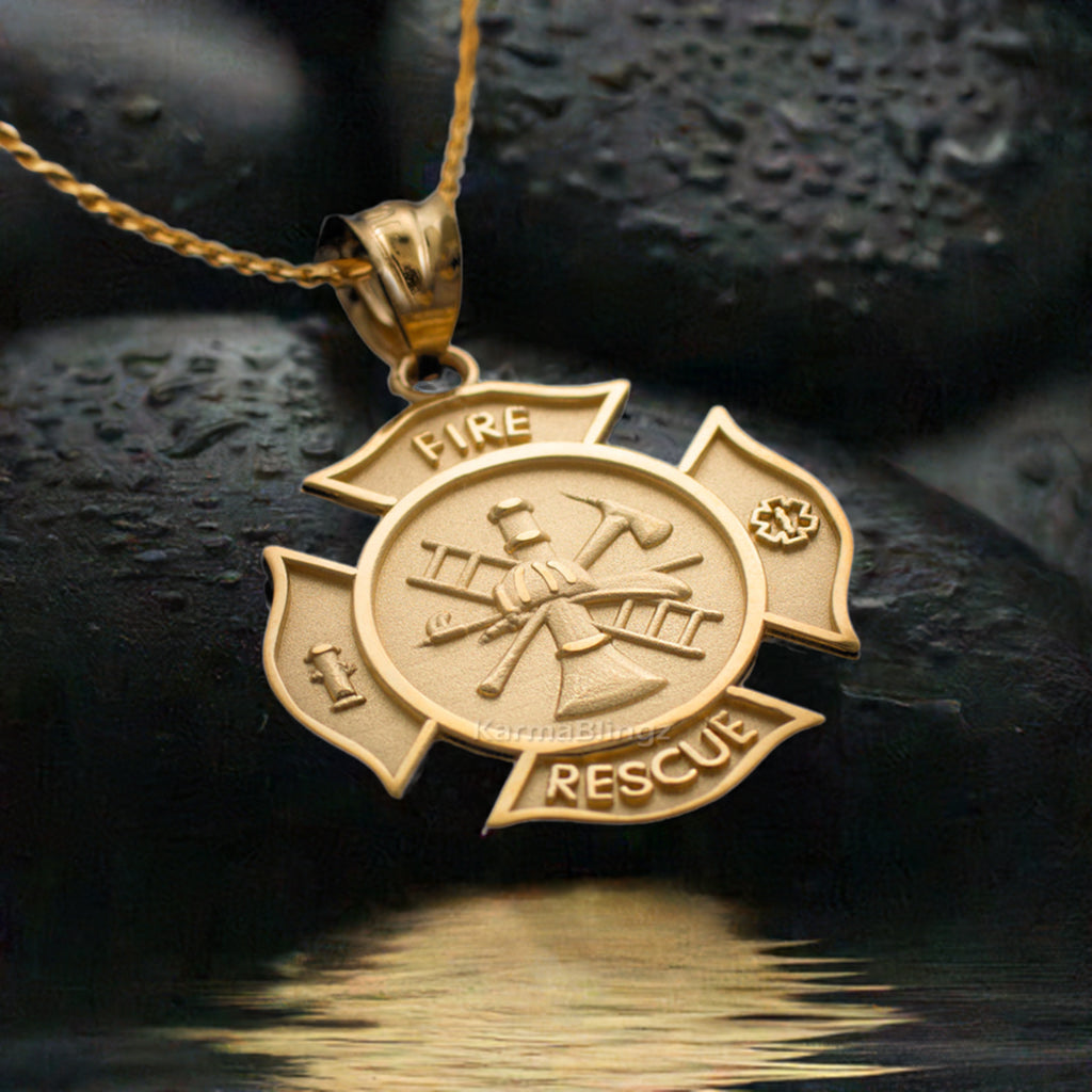 Gold Firefighter Fire Rescue Maltese Cross Pendant Necklace (14K, 10K, yellow, white, rose gold)