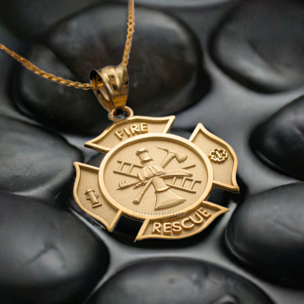 Gold Firefighter Fire Rescue Maltese Cross Pendant Necklace (14K, 10K, yellow, white, rose gold)