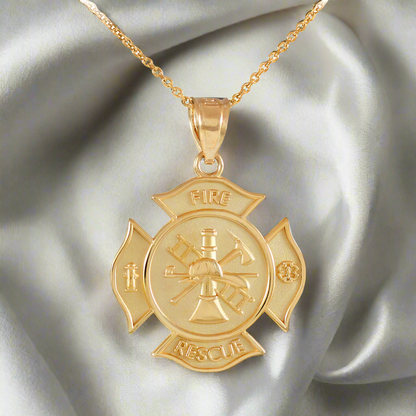Gold Firefighter Fire Rescue Maltese Cross Pendant Necklace (14K, 10K, yellow, white, rose gold)